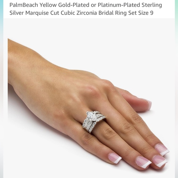 Platinum-Plated 925 Sterling Silver Marquise Cut Cubic Zirconia Bridal Ring Set - Picture 6 of 8